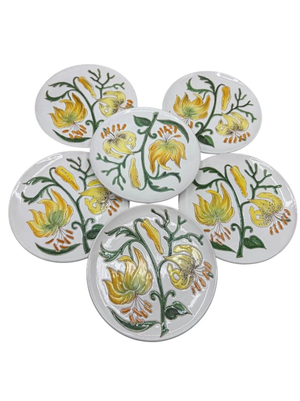 Italian Hand-Painted Ceramic Plates 6 Dessert Raised Yellow Lily 8" Made Italy